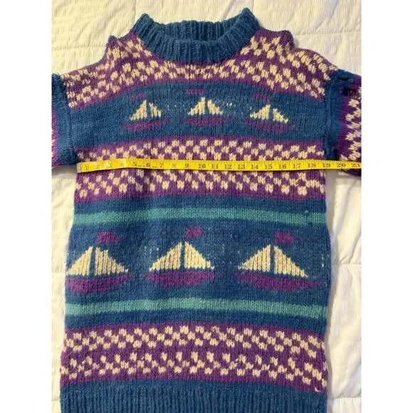 Vintage Blue Boat Print Sweater Knit Wool Purple Winter Holiday Stripe 90s *Read - Picture 9 of 11